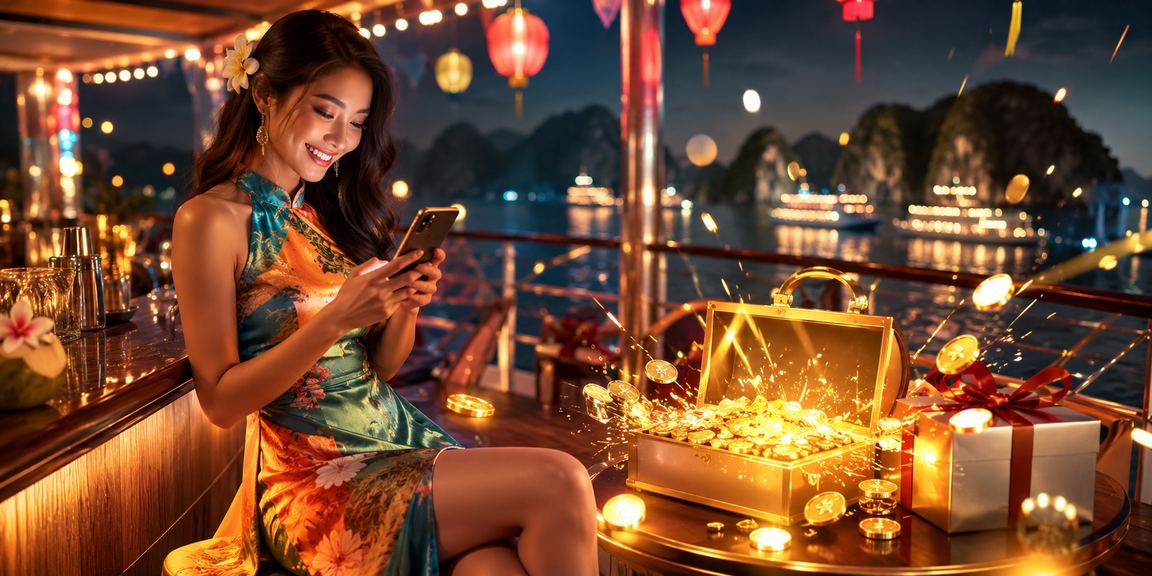 Người dùng chơi casino trên di động tại vịnh Hạ Long với khung cảnh biển đẹp