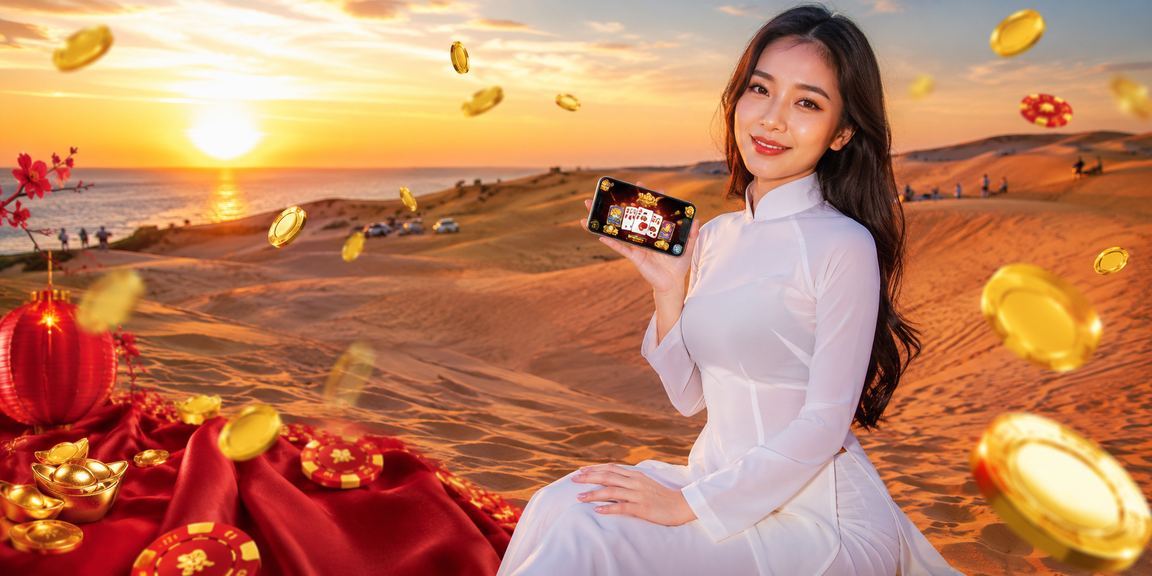 Người phụ nữ mặc áo dài chơi bài tại Mũi Né trong không gian giải trí đẹp